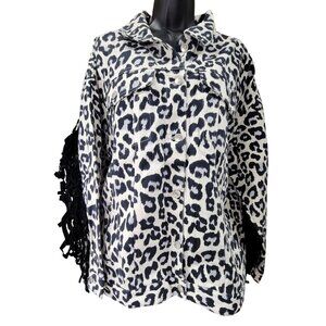 Peach Love Denim Jackey The Lollie White Animal Print Button Fringe Womens Large